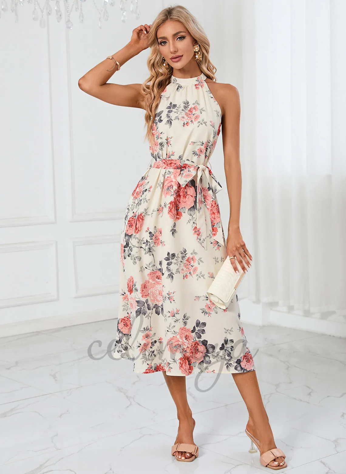 Floral Print High Neck Elegant A-line Polyester Midi Dresses - 293385 sold by Celimoya product image thumbnail 3