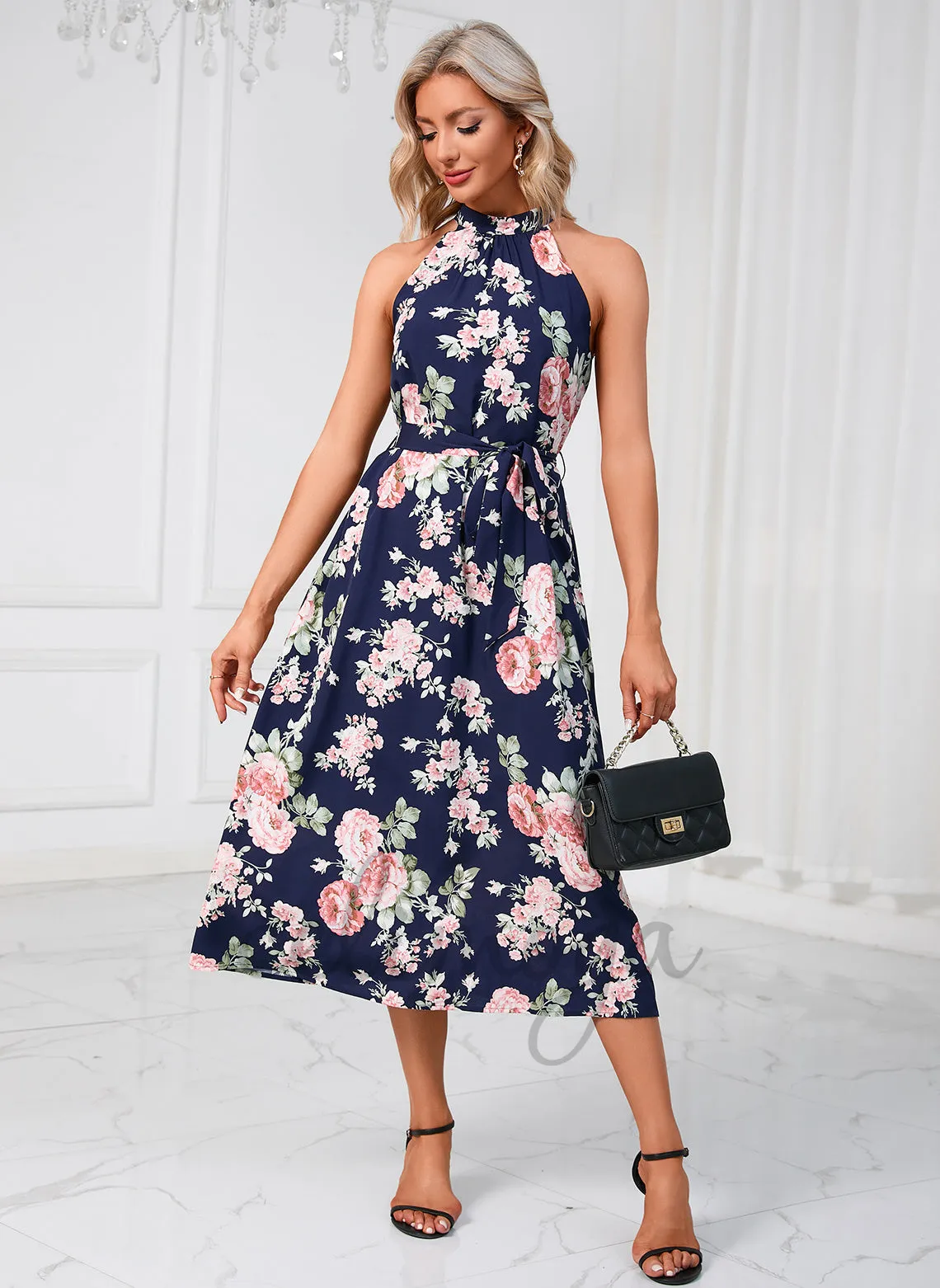 Floral Print High Neck Elegant A-line Polyester Midi Dresses - 293385 sold by Celimoya product image thumbnail 4