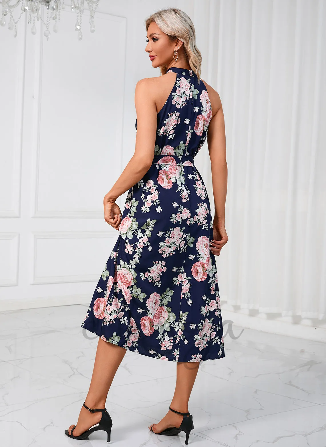 Floral Print High Neck Elegant A-line Polyester Midi Dresses - 293385 sold by Celimoya product image thumbnail 5