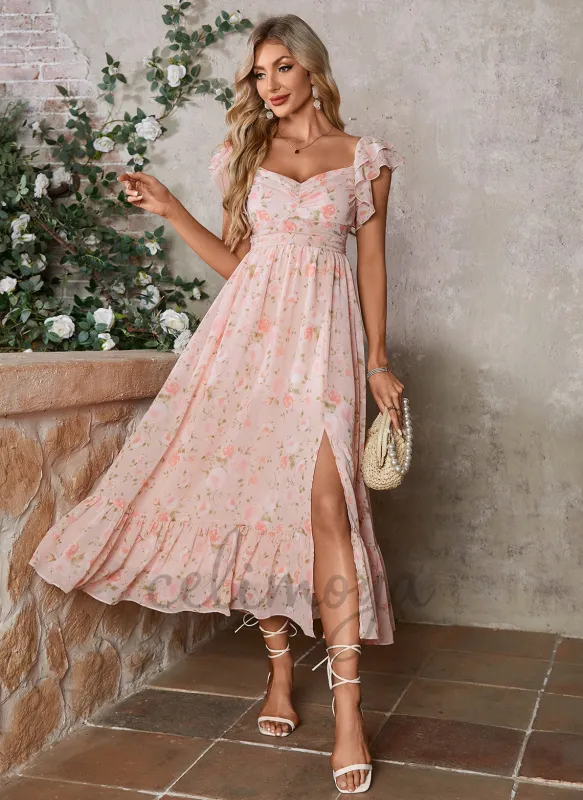 Ruffle Floral Print Smocked V-Neck Sleeveless A-line Chiffon Midi Dress sold by Celimoya