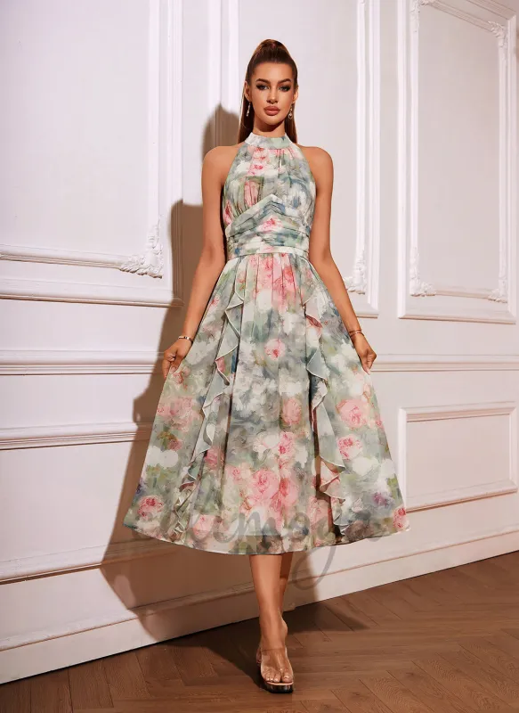 Floral Print Halter A-line Chiffon Midi Dress - 416105 sold by Celimoya