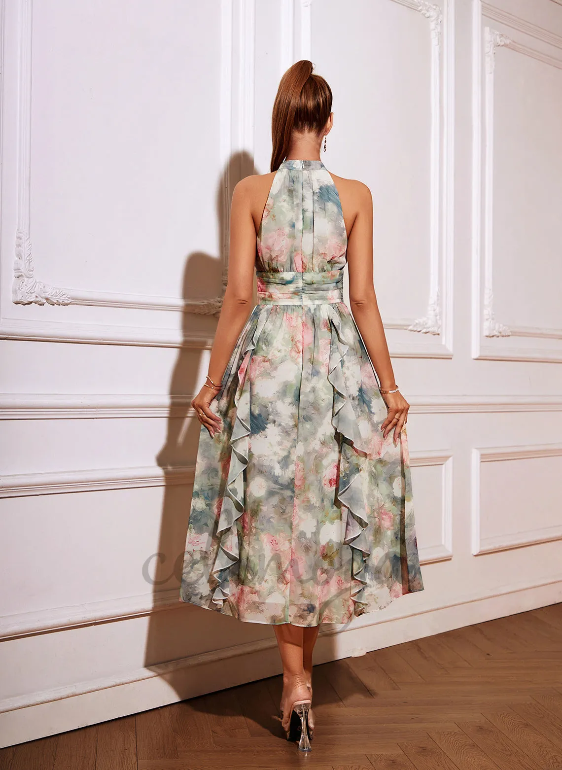 Floral Print Halter A-line Chiffon Midi Dress - 416105 sold by Celimoya product image thumbnail 2