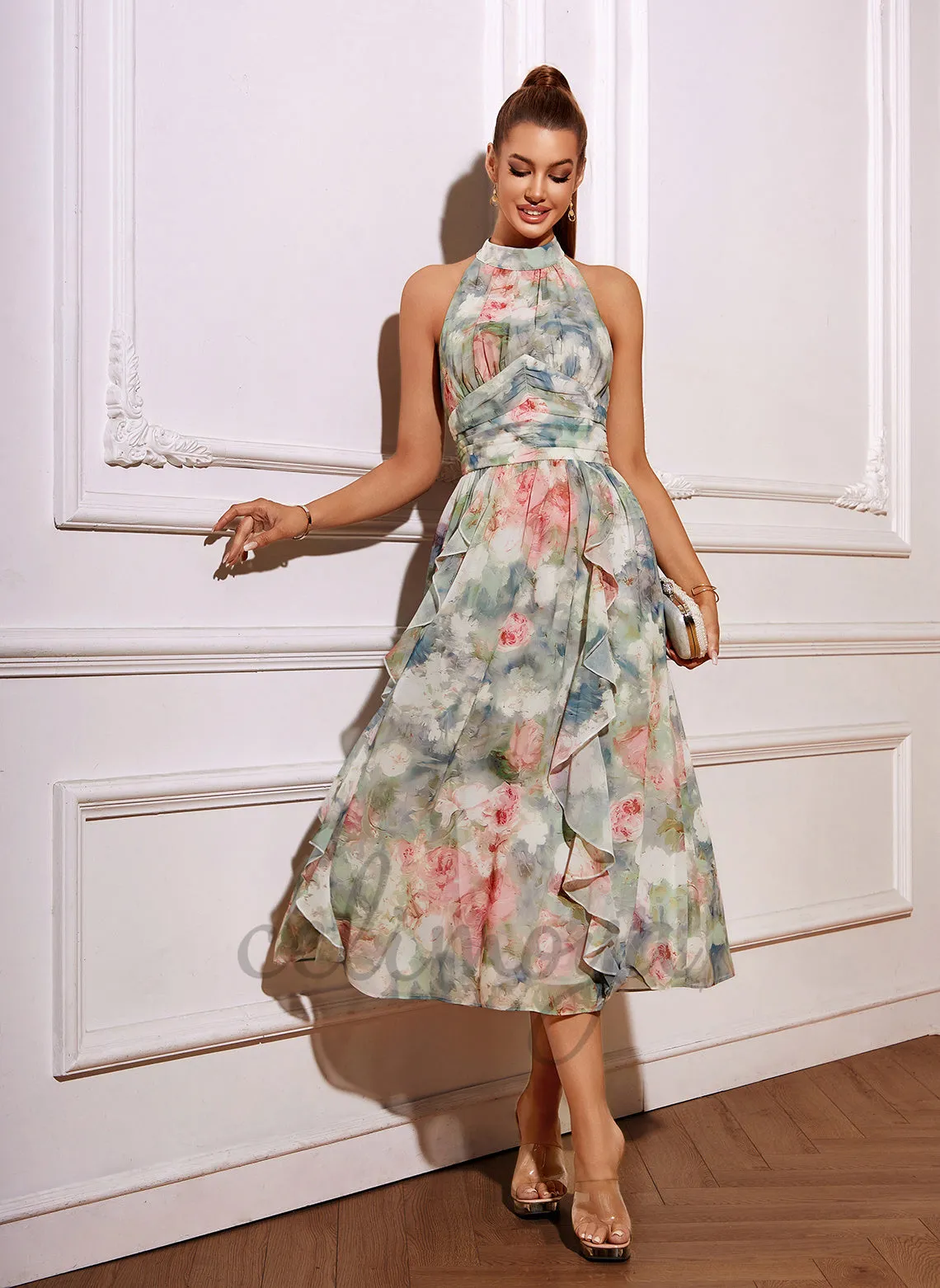 Floral Print Halter A-line Chiffon Midi Dress - 416105 sold by Celimoya product image thumbnail 3