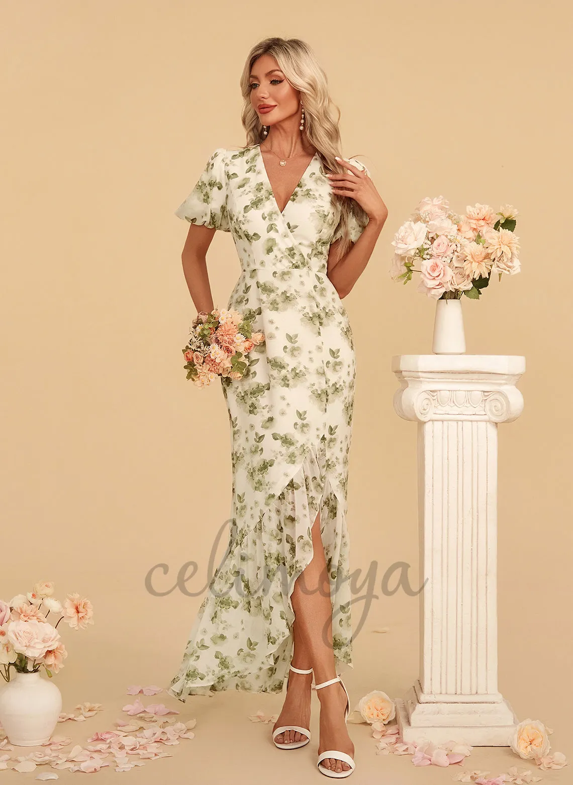 Ruffle Floral Print V-Neck Trumpet/Mermaid Chiffon Asymmetrical Maxi Dress - 312687 sold by Celimoya