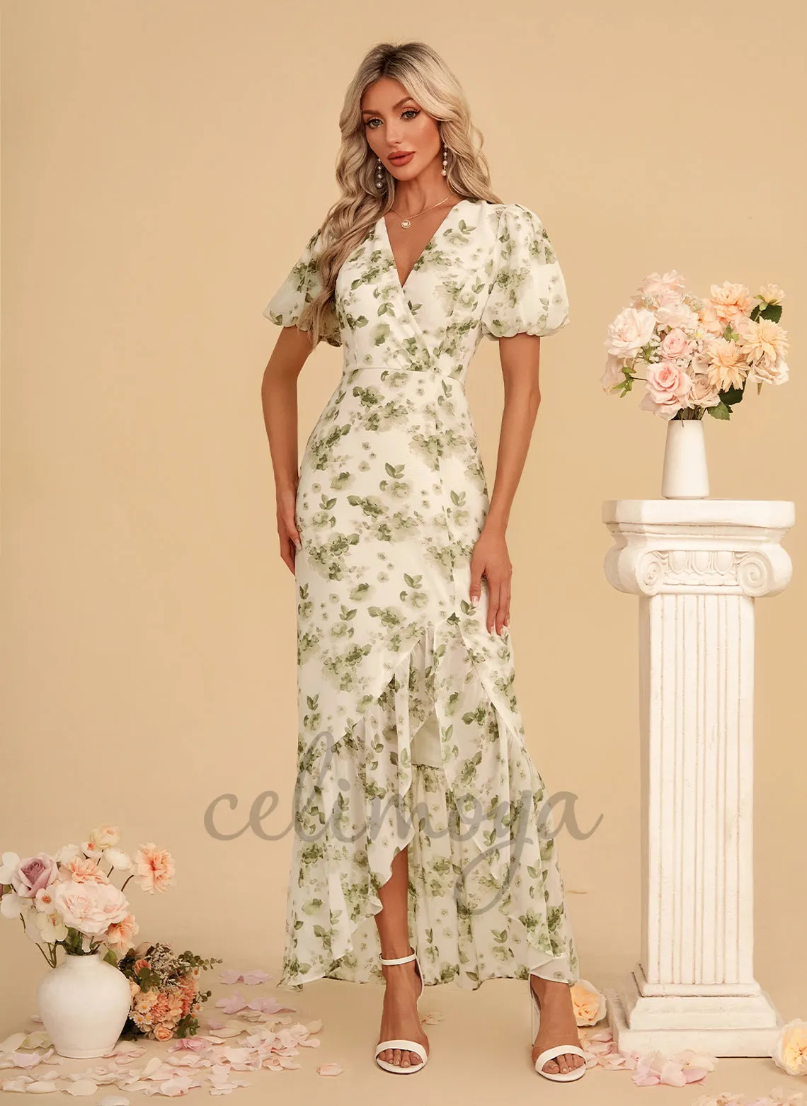 Ruffle Floral Print V-Neck Trumpet/Mermaid Chiffon Asymmetrical Maxi Dress - 312687 sold by Celimoya product image thumbnail 3