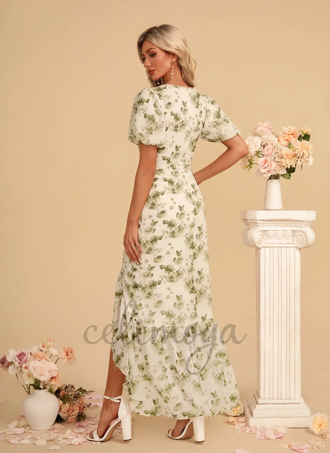 Ruffle Floral Print V-Neck Trumpet/Mermaid Chiffon Asymmetrical Maxi Dress - 312687 sold by Celimoya product image thumbnail 2
