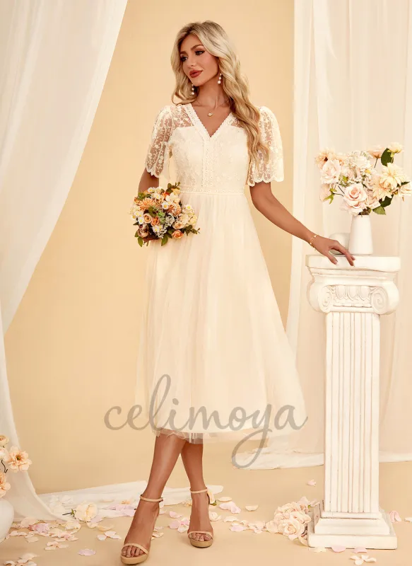 V-Neck A-line Lace Tulle Midi Dress - 312111 sold by Celimoya