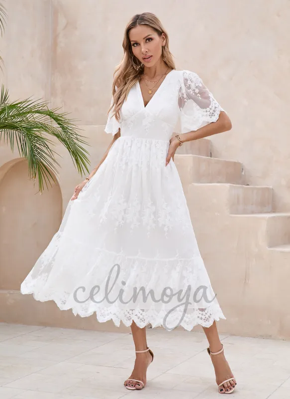 V-Neck A-line Lace Midi Dresses - 303372 sold by Celimoya