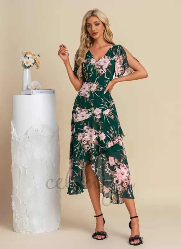 Ruffle Floral Print V-Neck Vacation A-line Chiffon Asymmetrical Midi Dresses - 300962 sold by Celimoya