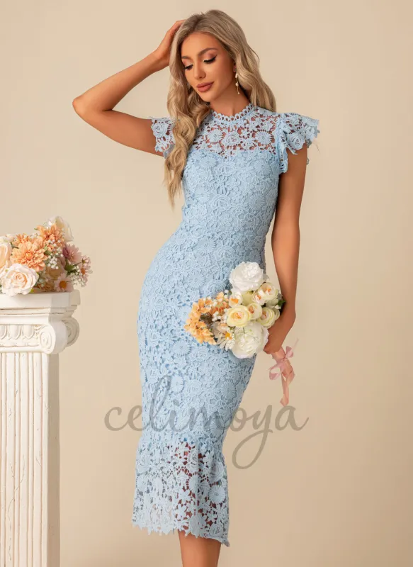 Flower Jacquard High Neck Elegant Sheath/Column Lace Midi Dresses - 300958 sold by Celimoya