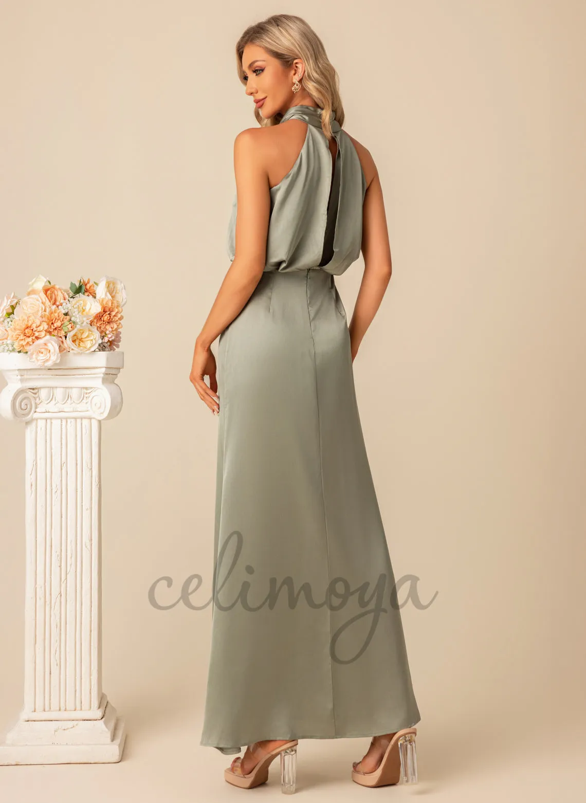 Halter Elegant A-line Satin Maxi Dresses - 300954 sold by Celimoya product image thumbnail 2