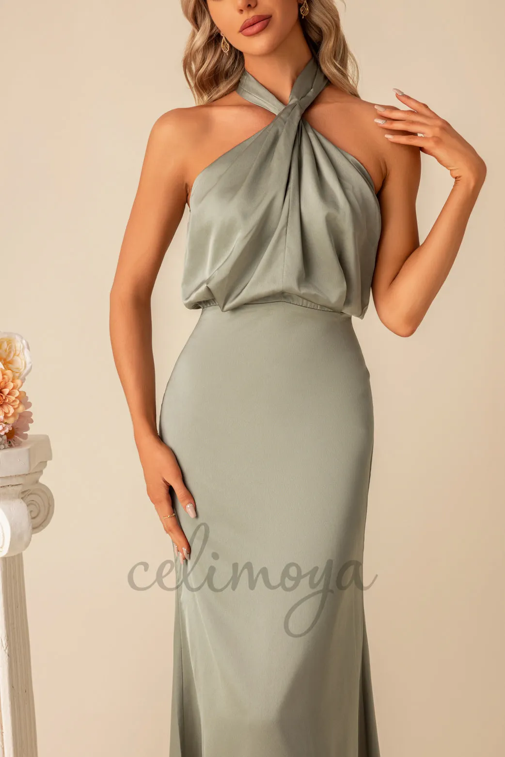 Halter Elegant A-line Satin Maxi Dresses - 300954 sold by Celimoya product image thumbnail 3