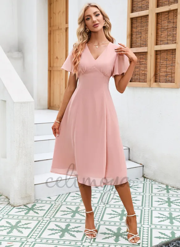 Cascading Ruffles V-Neck Elegant A-line Chiffon Midi Dresses - 293090 sold by Celimoya