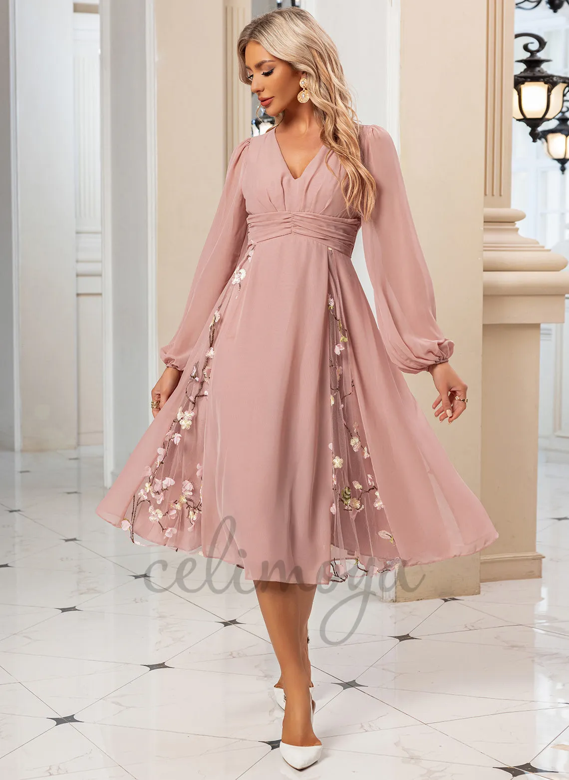 Embroidered V-Neck Elegant A-line Chiffon Midi Dresses - 295091 sold by Celimoya product image thumbnail 4