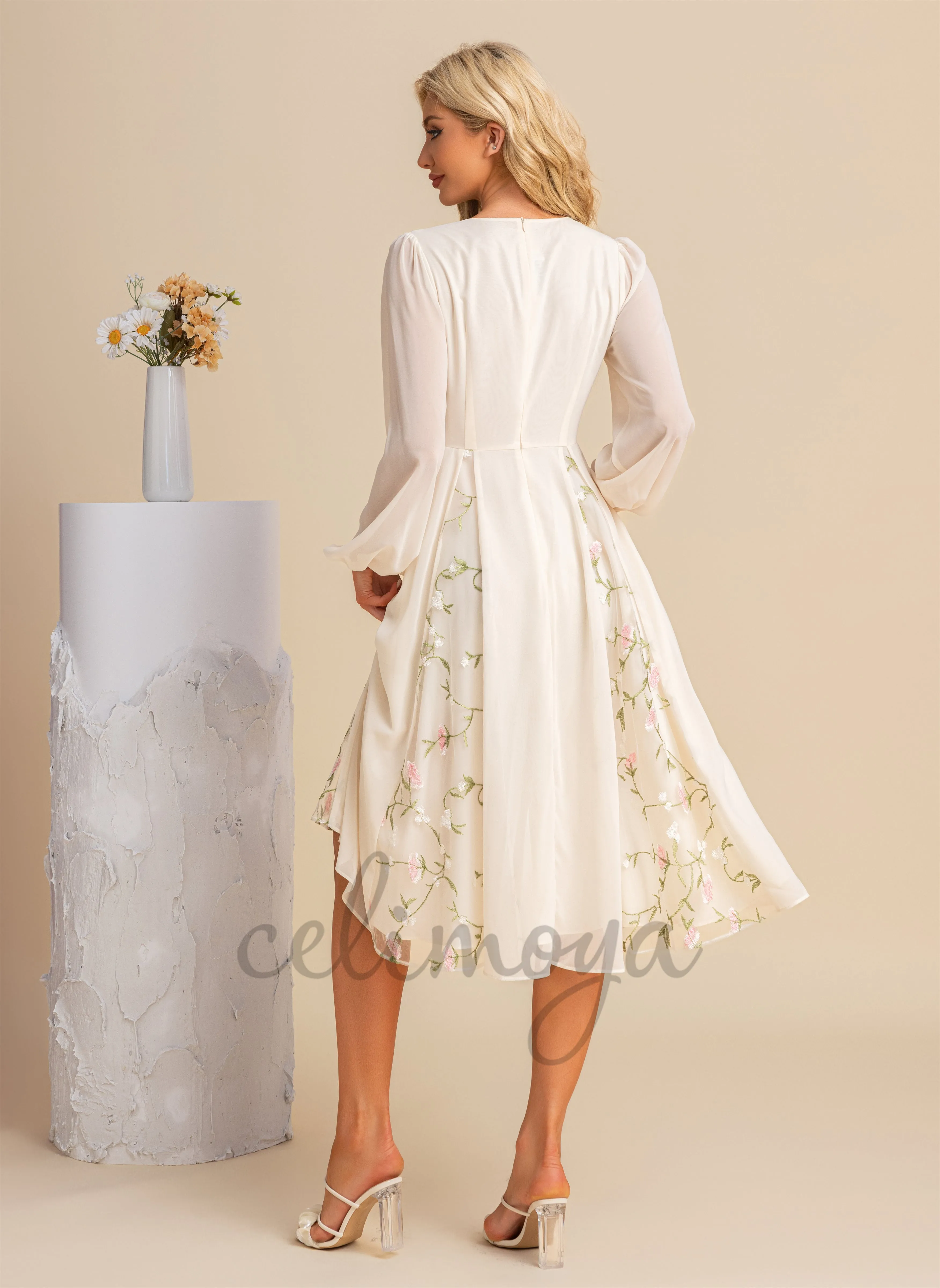 Embroidered V-Neck Elegant A-line Chiffon Midi Dresses - 295091 sold by Celimoya product image thumbnail 2