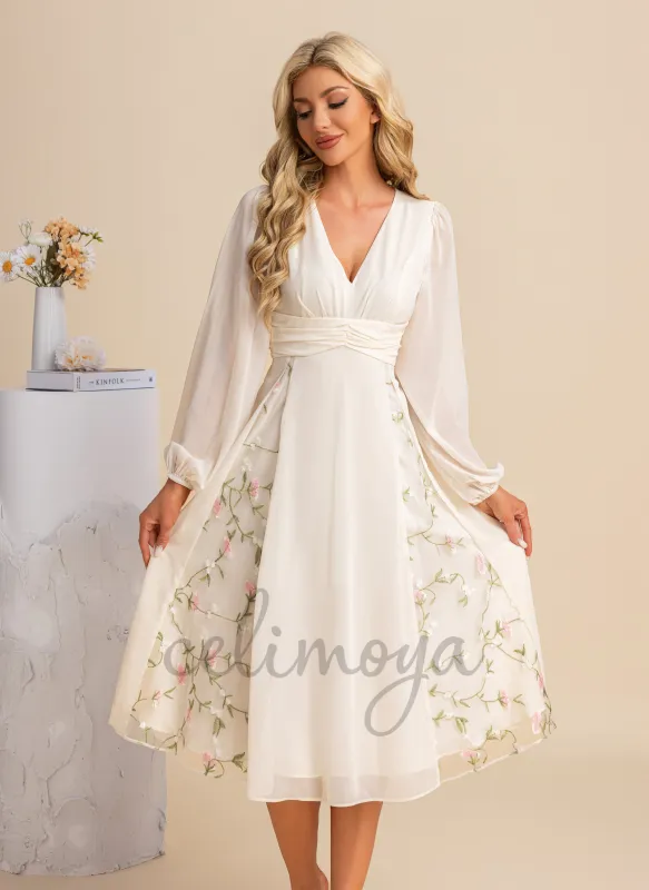 Embroidered V-Neck Elegant A-line Chiffon Midi Dresses - 295091 sold by Celimoya