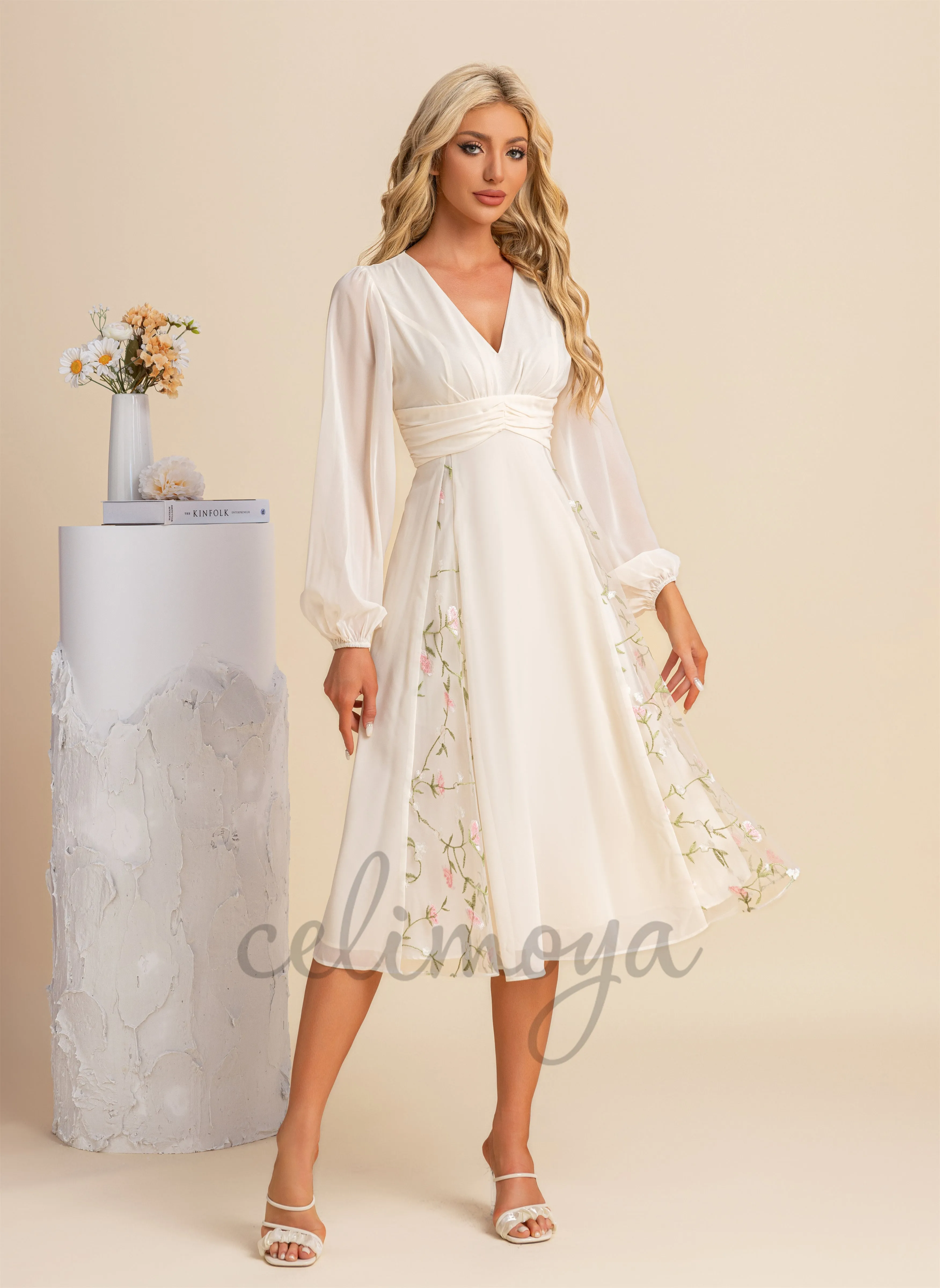 Embroidered V-Neck Elegant A-line Chiffon Midi Dresses - 295091 sold by Celimoya product image thumbnail 3