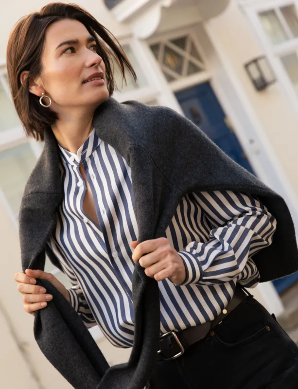 The Girlfriend Collarless: Tencel, Navy Blue Stripe made by With Nothing Underneath
