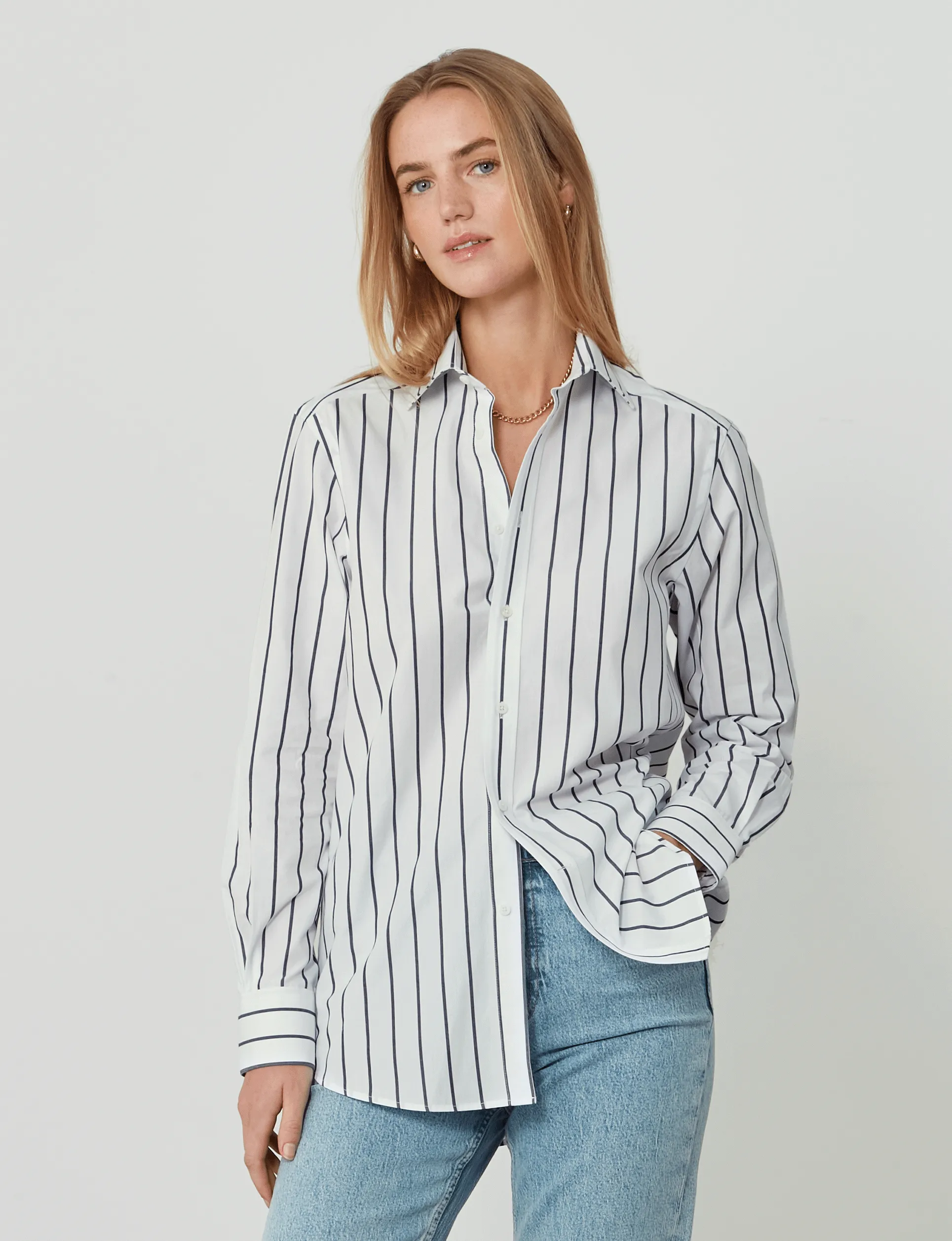 The Boyfriend: Fine Poplin, Midnight Blue Stripe sold by With Nothing Underneath