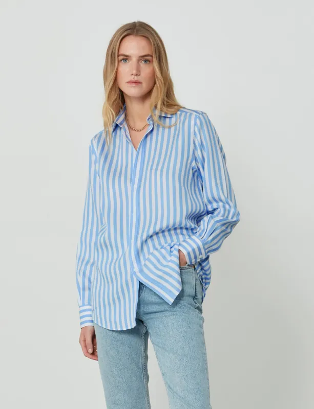 The Boyfriend: TENCEL™ Lyocell , Powder Blue Stripe sold by With Nothing Underneath