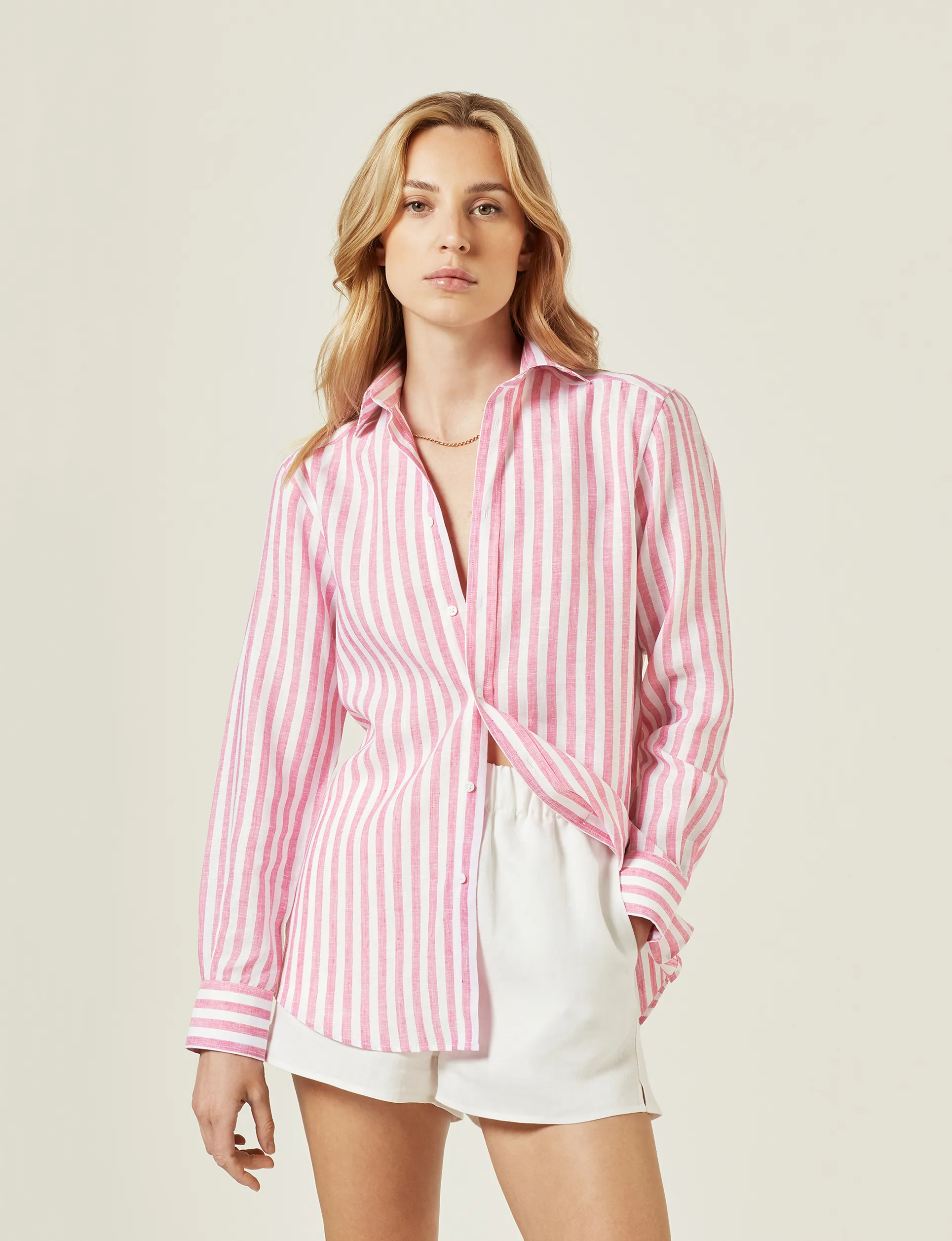 The Boyfriend: Linen, Fuchsia Pink Stripe sold by With Nothing Underneath