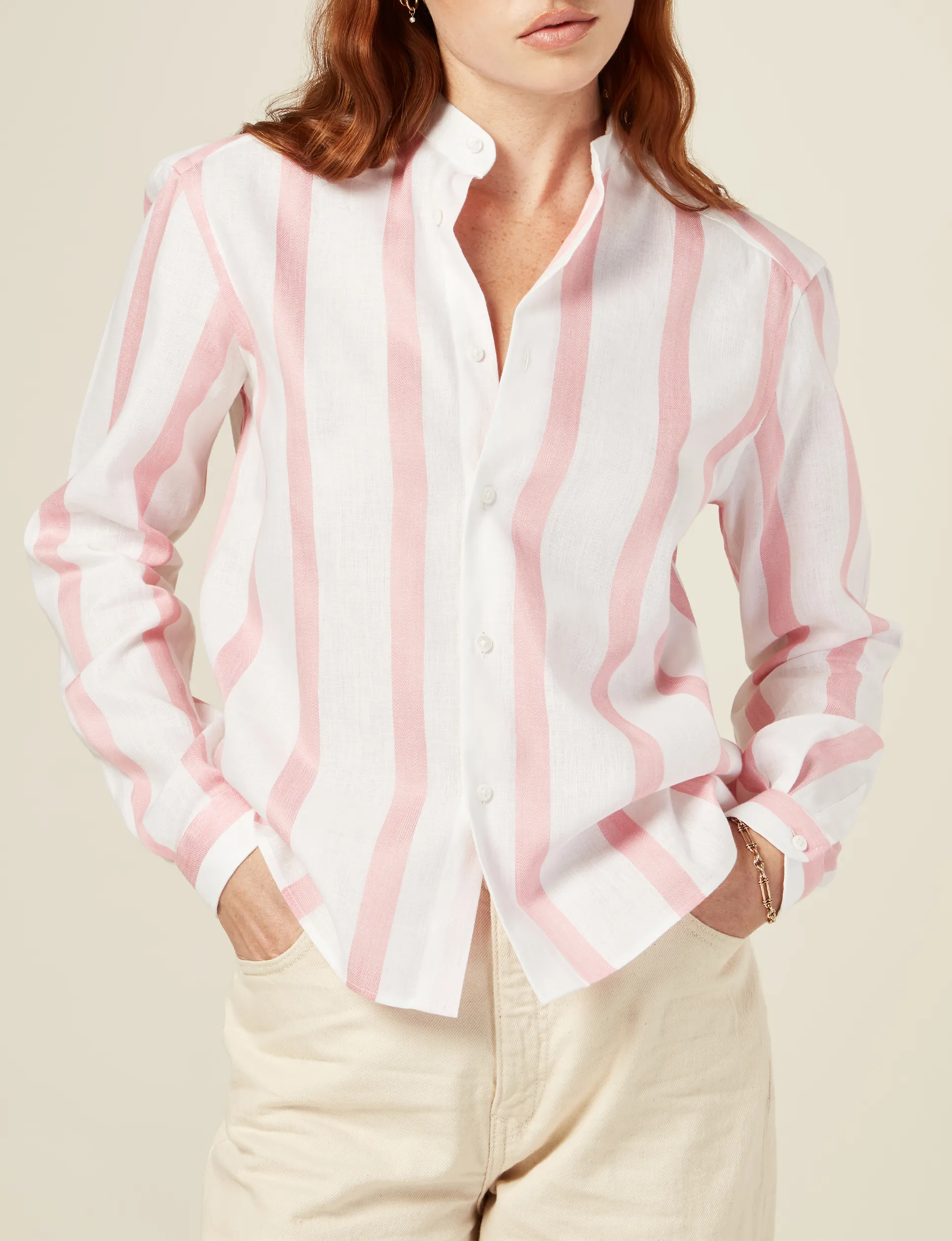 The Girlfriend Collarless: Weave, Grapefruit Pink Stripe sold by With Nothing Underneath