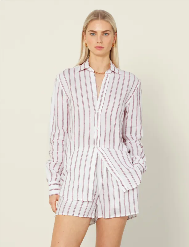 CO-ORD SET: LINEN, BURGUNDY DOUBLE STRIPE sold by With Nothing Underneath