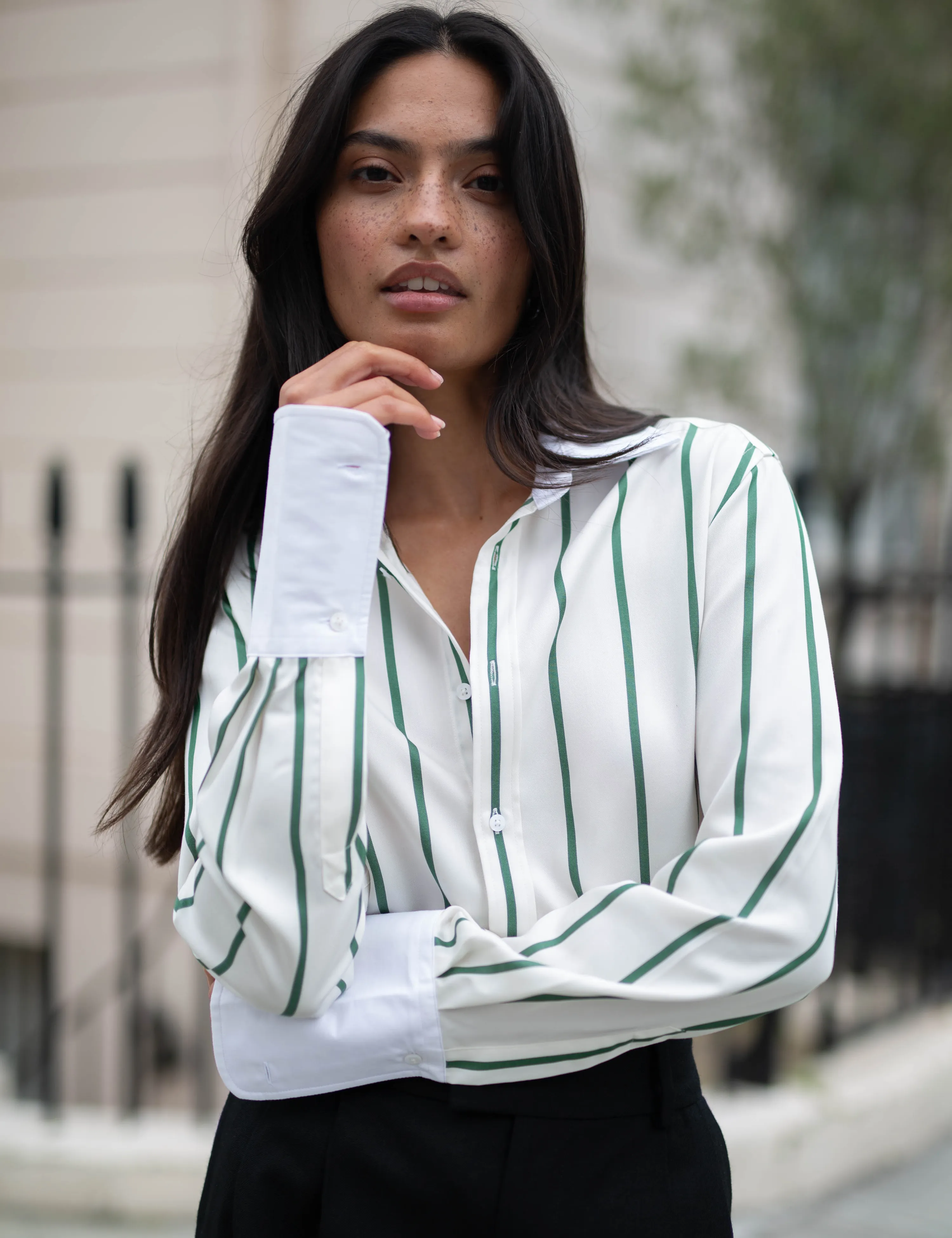 The Boyfriend Exaggerated Cuff: TENCEL™ Lyocell, Green Stripe sold by With Nothing Underneath