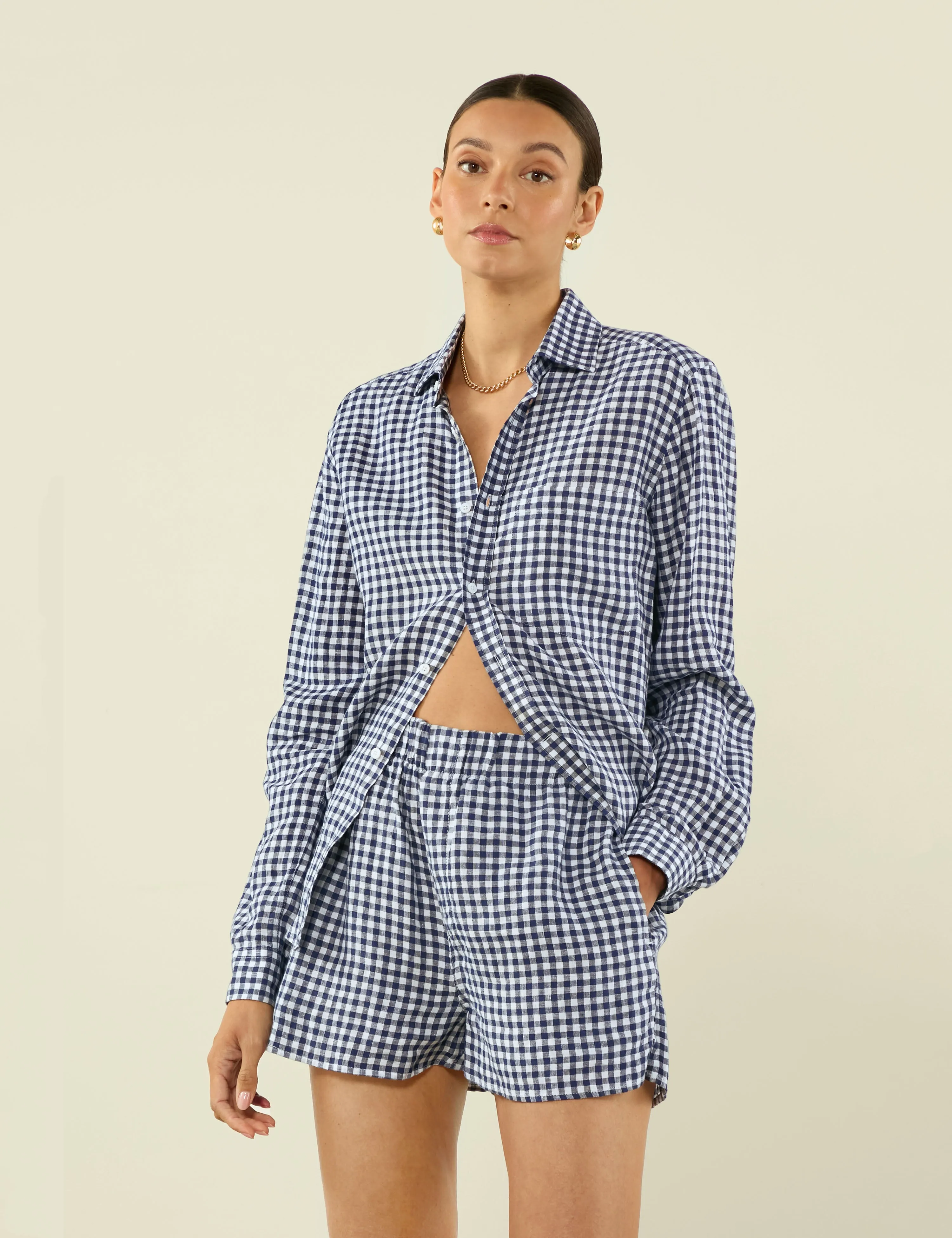 The Boxer: Linen, Navy Blue Gingham sold by With Nothing Underneath