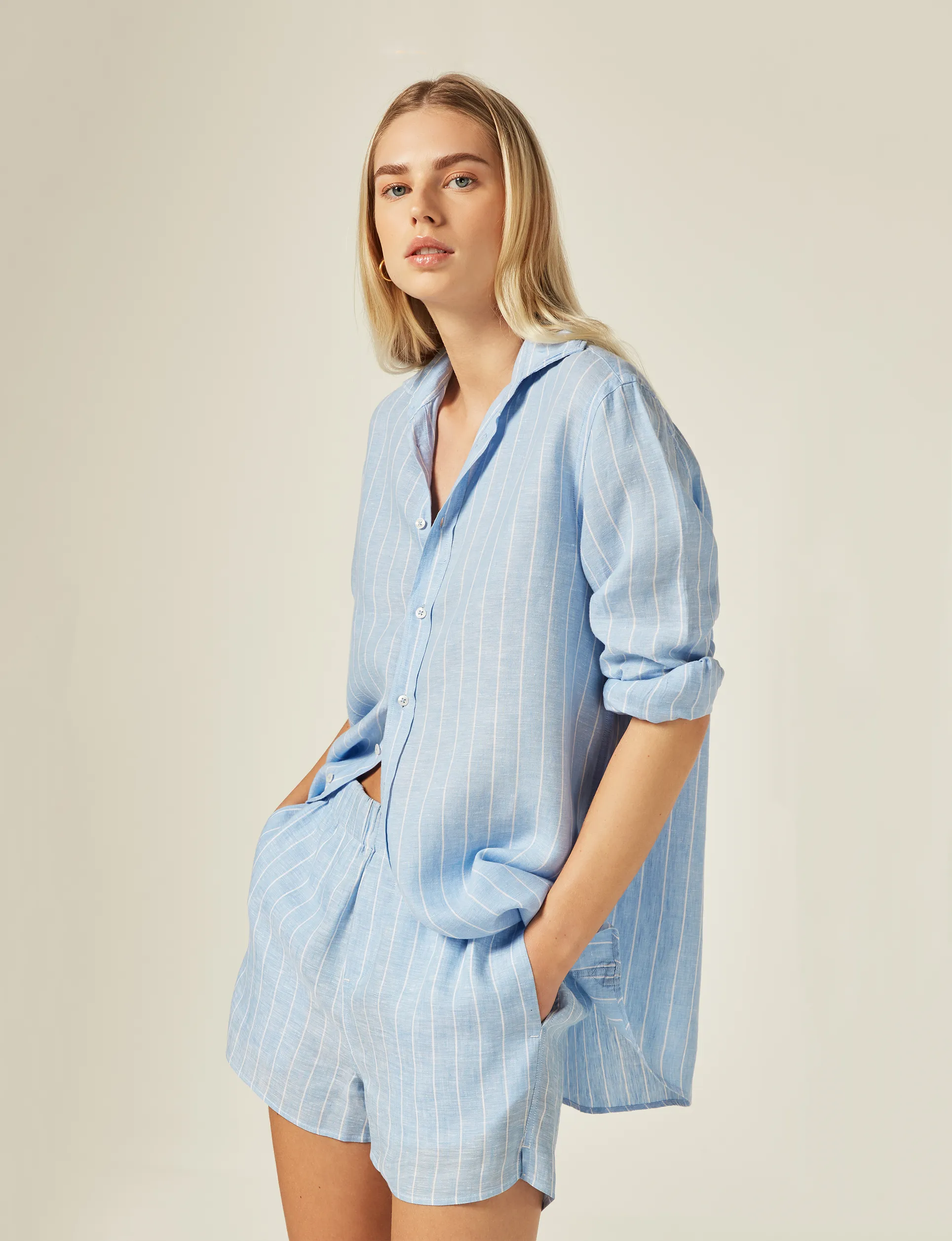 The Boxer: Linen, Sky Blue Stripe sold by With Nothing Underneath