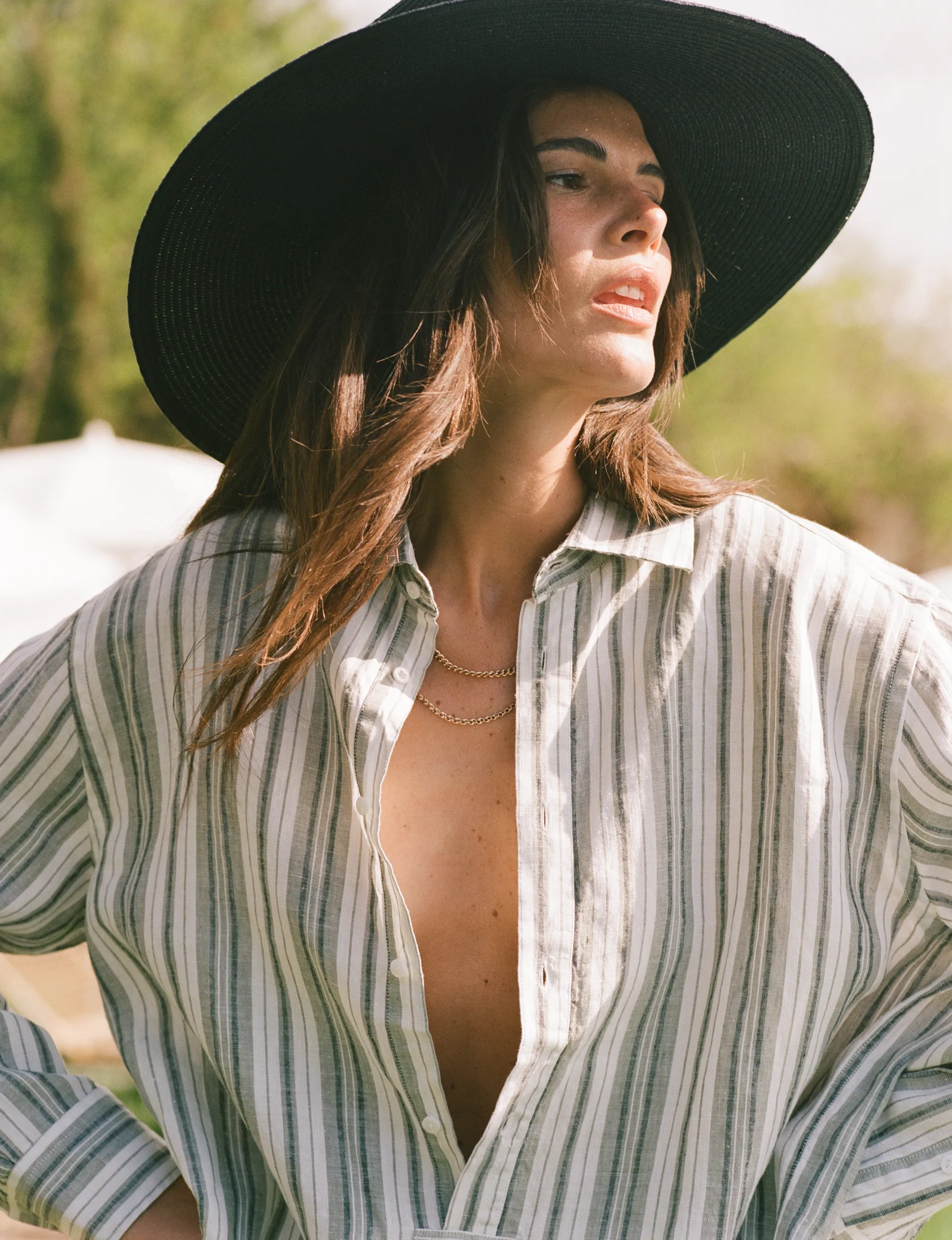 The Oversized Half Button Down: Hemp, Grey Multi Stripe sold by With Nothing Underneath