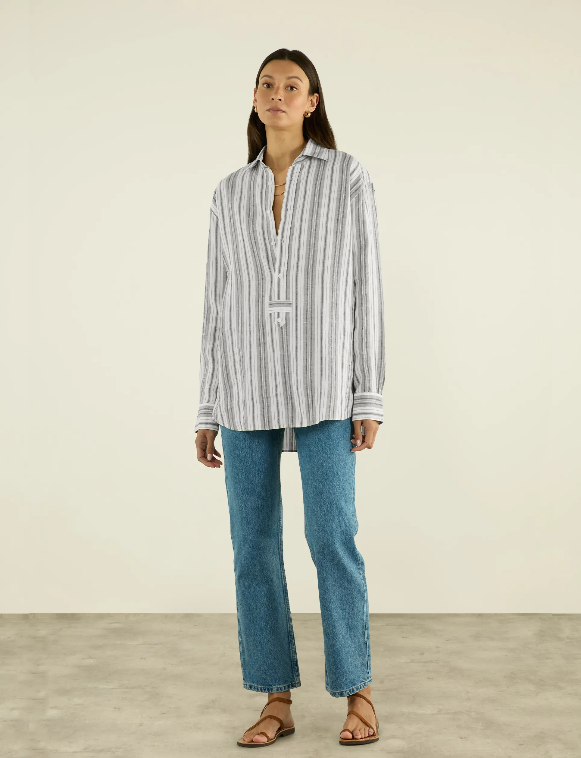 The Oversized Half Button Down: Hemp, Grey Multi Stripe sold by With Nothing Underneath product image thumbnail 4