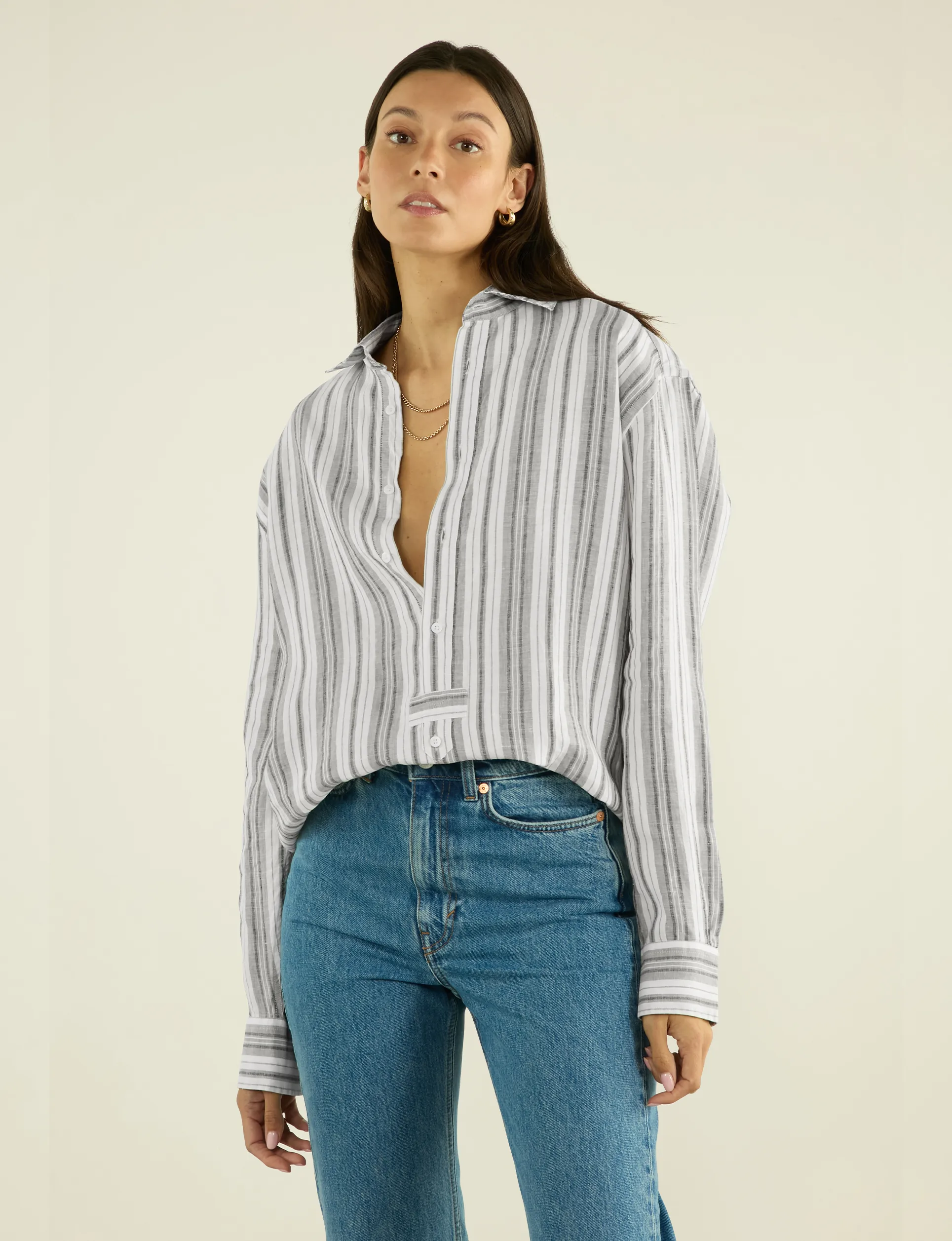 The Oversized Half Button Down: Hemp, Grey Multi Stripe sold by With Nothing Underneath product image thumbnail 2
