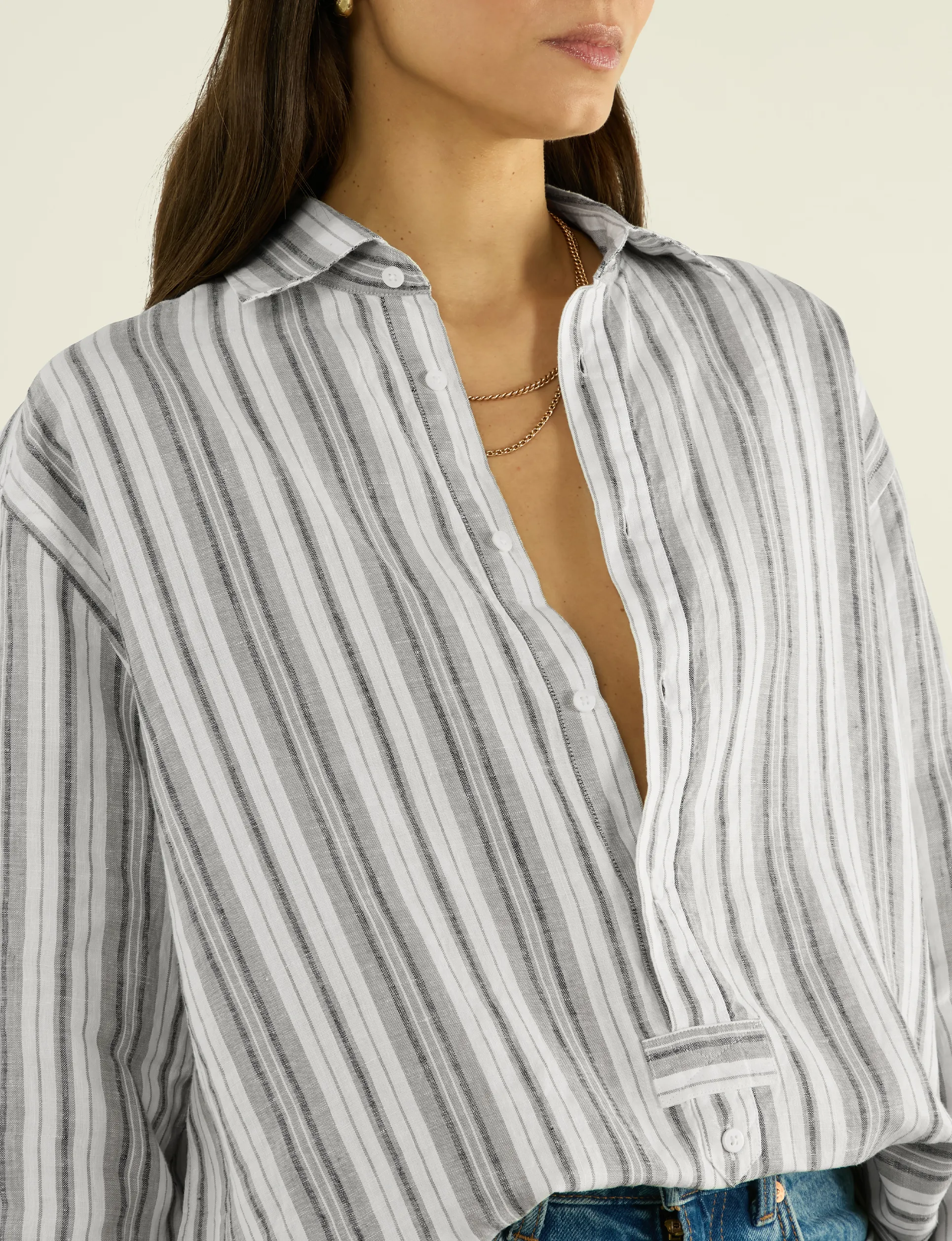 The Oversized Half Button Down: Hemp, Grey Multi Stripe sold by With Nothing Underneath product image thumbnail 5