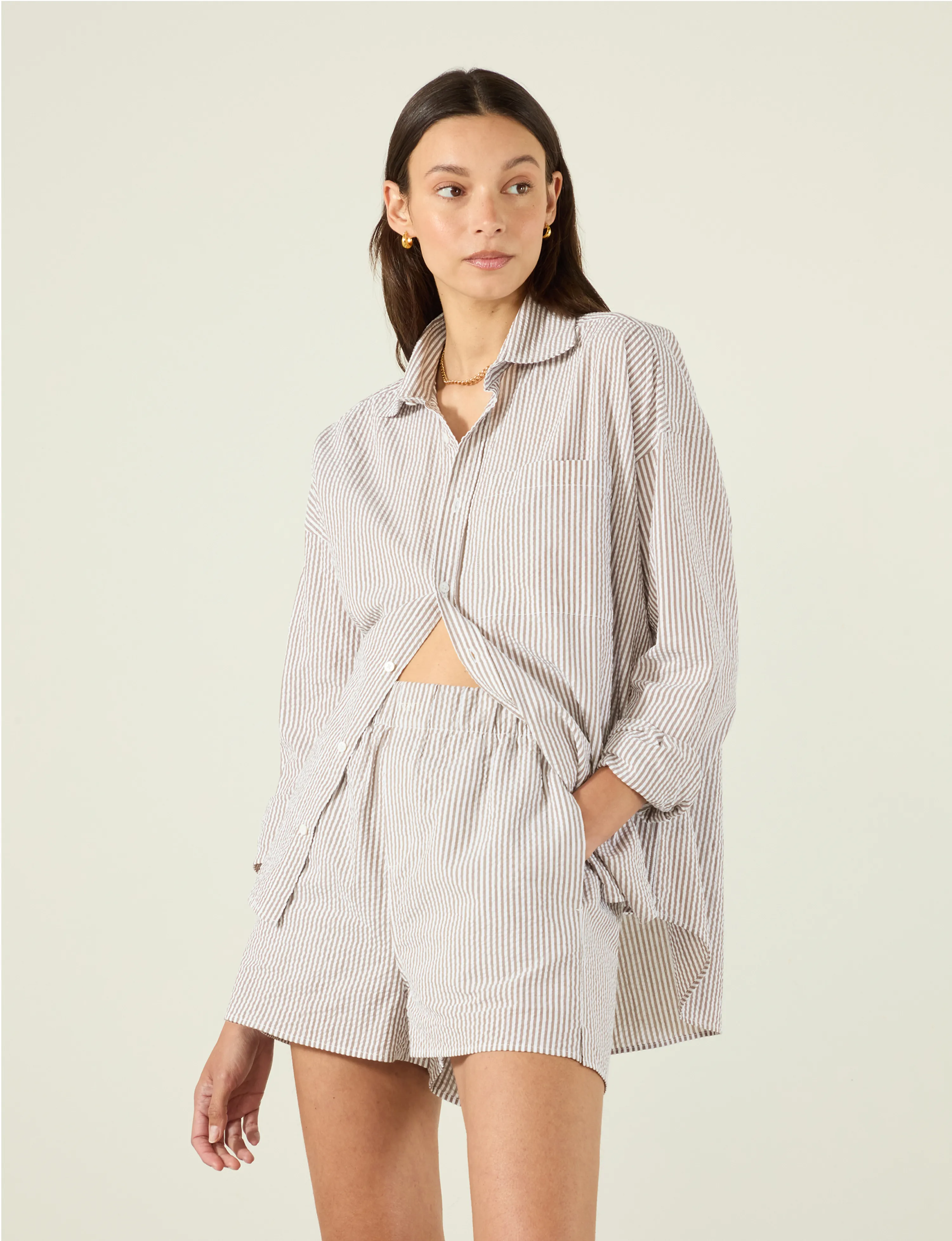 The Weekend: Seersucker Shirt & Boxer Set, Mocha Stripe sold by With Nothing Underneath product image thumbnail 2