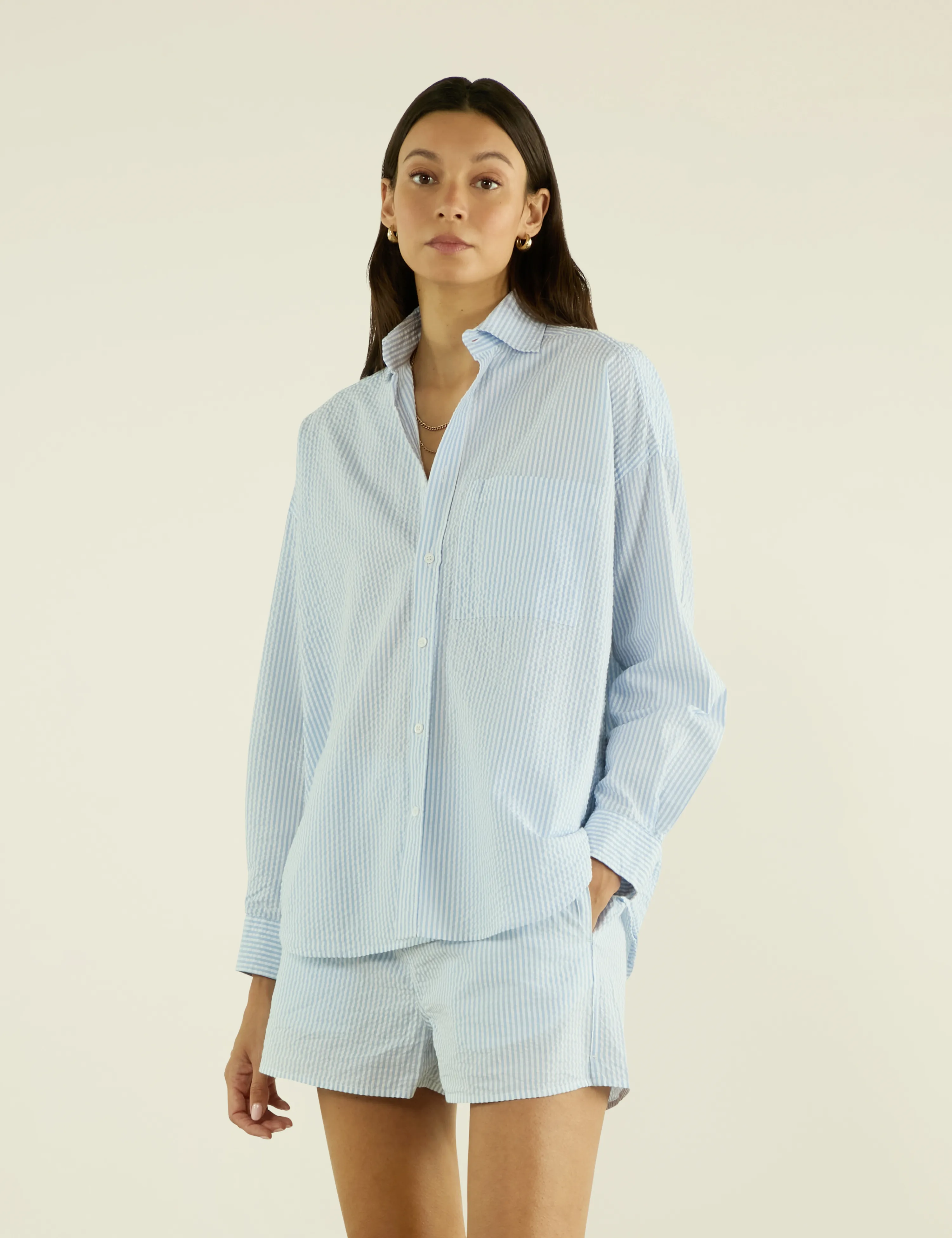 The Weekend: Seersucker Shirt & Boxer Set, Rain Blue Stripe sold by With Nothing Underneath product image thumbnail 2