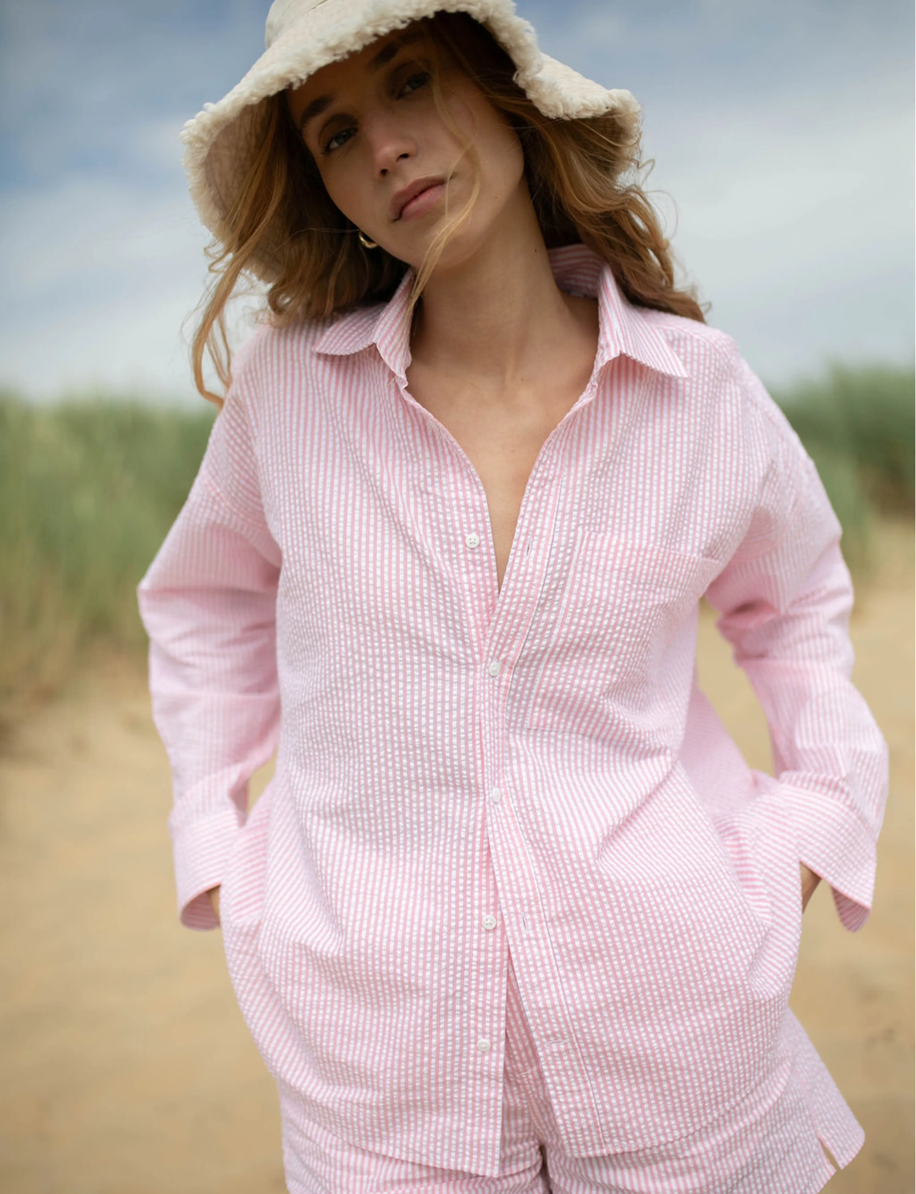 The Weekend: Seersucker Shirt & Boxer Set, Pink Stripe sold by With Nothing Underneath