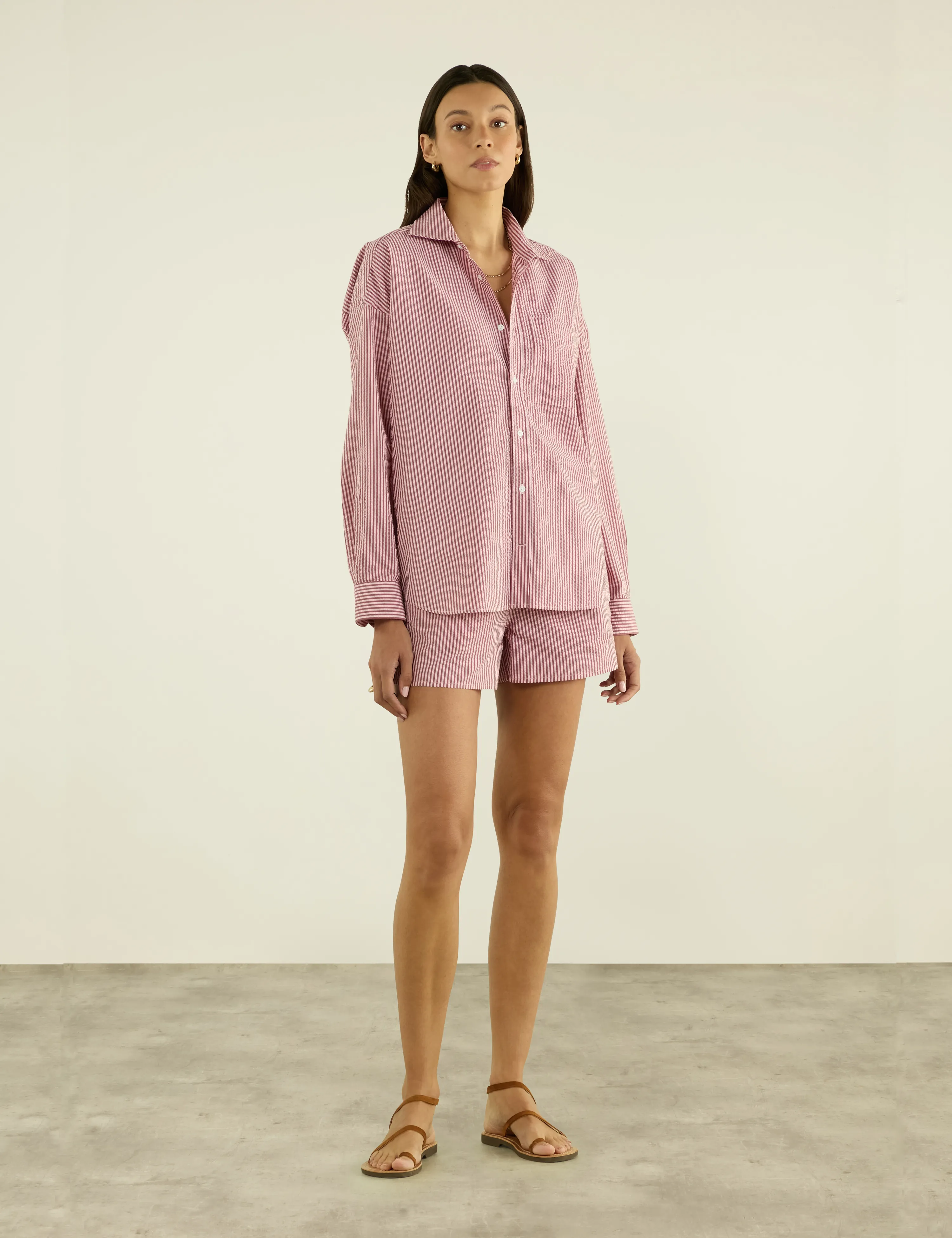 The Weekend: Seersucker Shirt & Boxer Set, Pink & Berry Stripe sold by With Nothing Underneath product image thumbnail 5