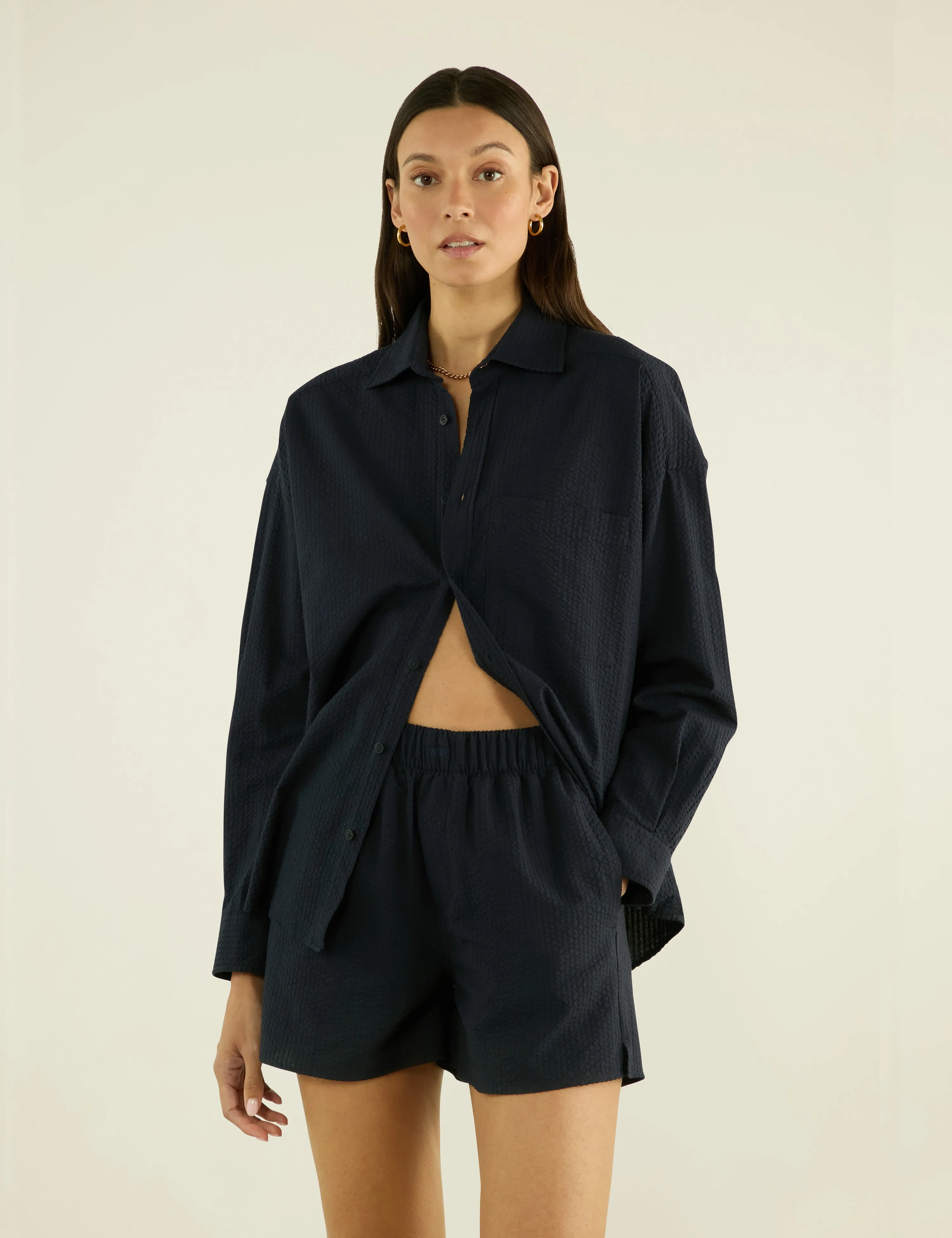 The Weekend: Seersucker Shirt & Boxer Set, Navy Blue sold by With Nothing Underneath