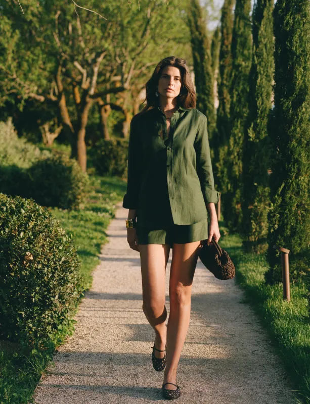 The Boyfriend: Linen Shirt & Boxer Set, Hunter Green sold by With Nothing Underneath