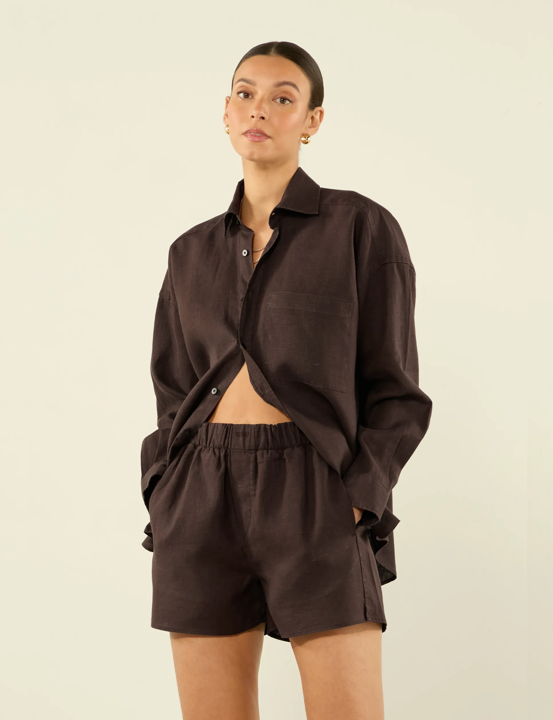 The Weekend: Hemp Shirt & Boxer Set, Chocolate sold by With Nothing Underneath