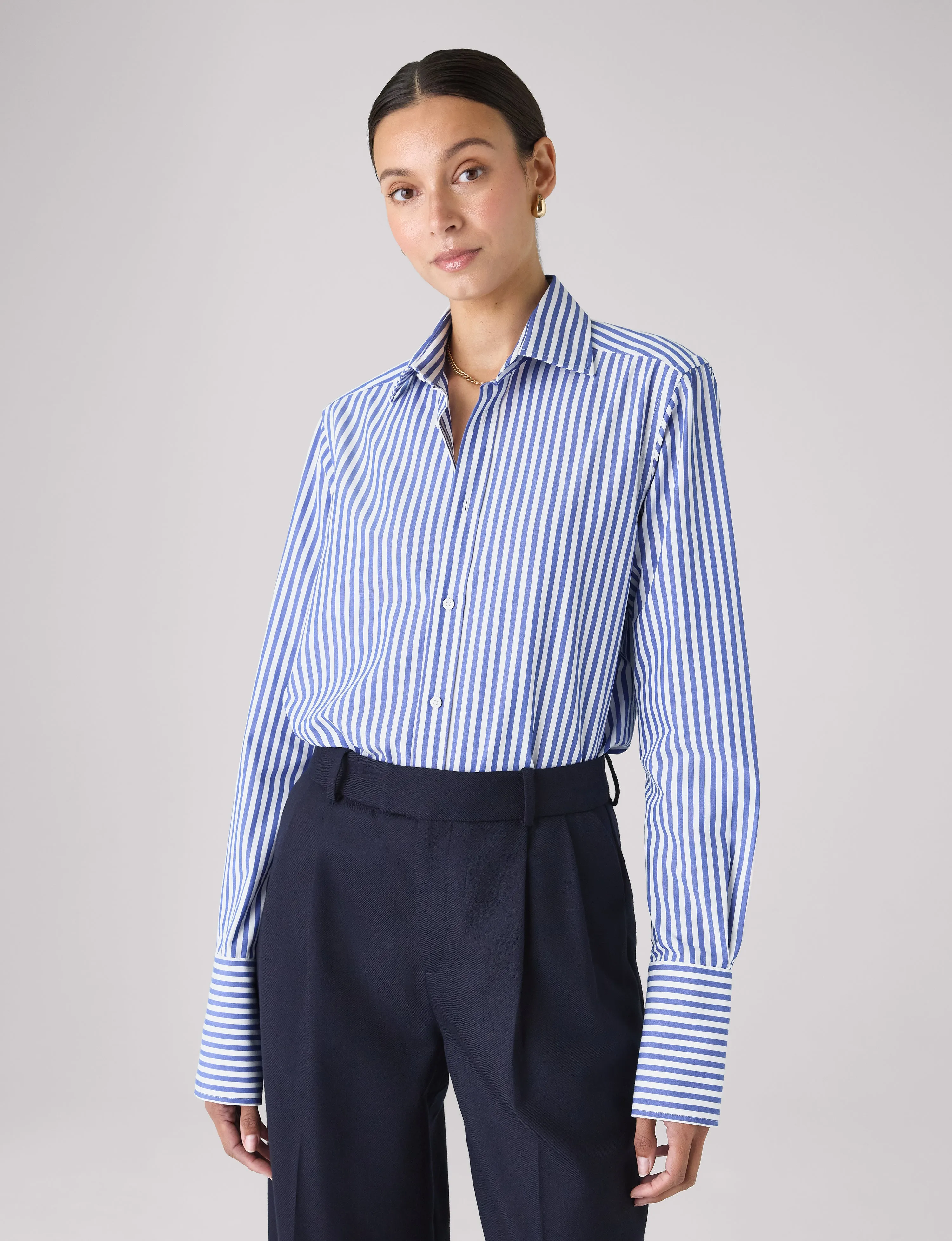 The Boyfriend Exaggerated Cuff: Fine Poplin, Royal Blue Stripe sold by With Nothing Underneath product image thumbnail 2
