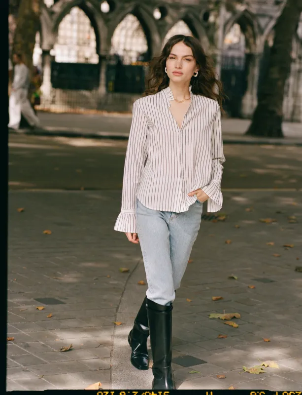 Kew Blouse: Cotton Voile, White with Navy Stripes sold by With Nothing Underneath