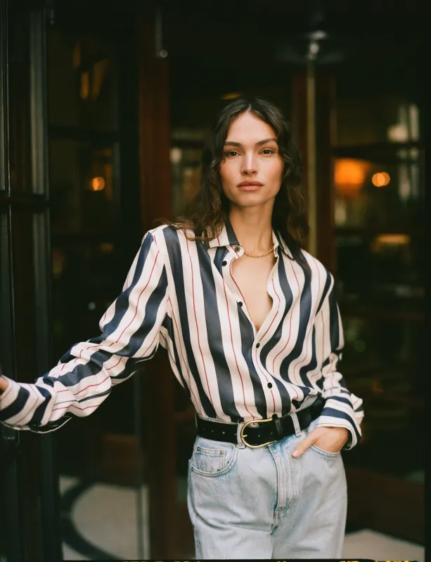 The Boyfriend Exaggerated Cuff: TENCEL™ Lyocell, Navy & Burgundy Wide Stripe made by With Nothing Underneath