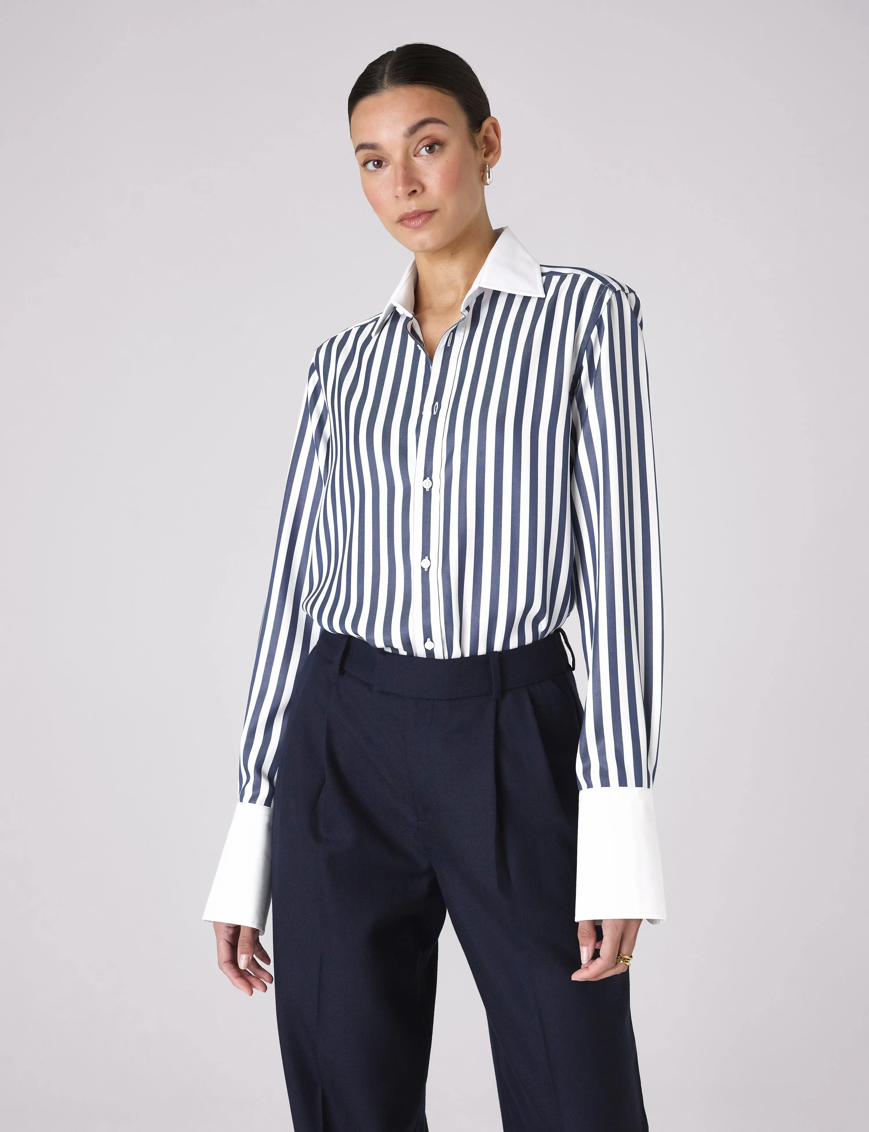The Boyfriend Contrast Exaggerated Cuff: TENCEL™ Lyocell, Navy Blue Stripe sold by With Nothing Underneath