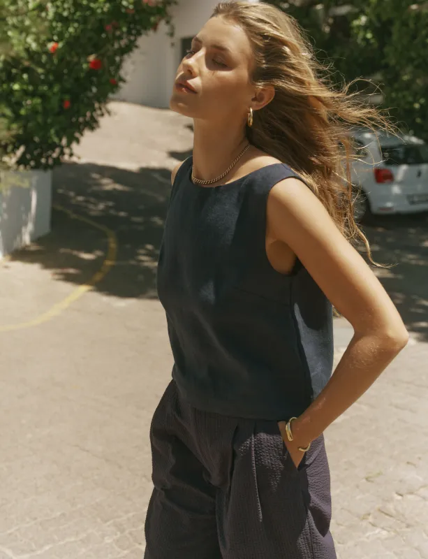Jackie Top: Linen, Navy Blue made by With Nothing Underneath