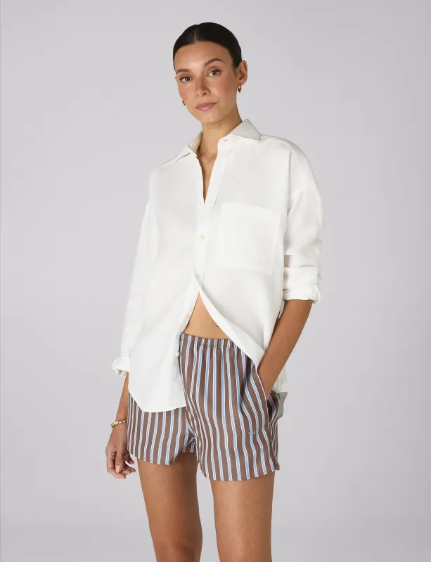 The Set: Hemp White Shirt & TENCEL™ Lyocell, Mocha Multi Stripe Court Short made by With Nothing Underneath