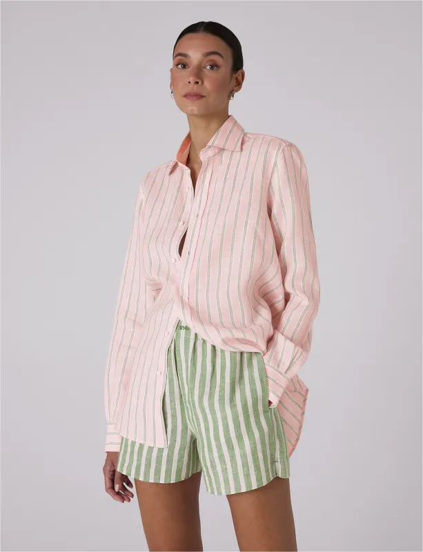 The Boxer: Linen, Green and Pink Stripe made by With Nothing Underneath