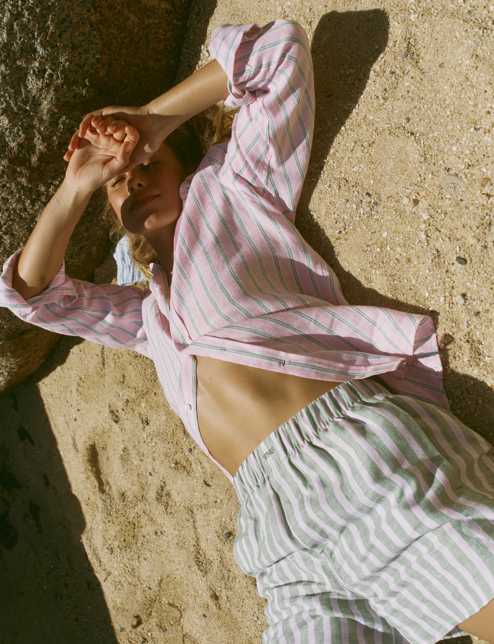 The Boyfriend: Linen, Pink and Green Stripe sold by With Nothing Underneath