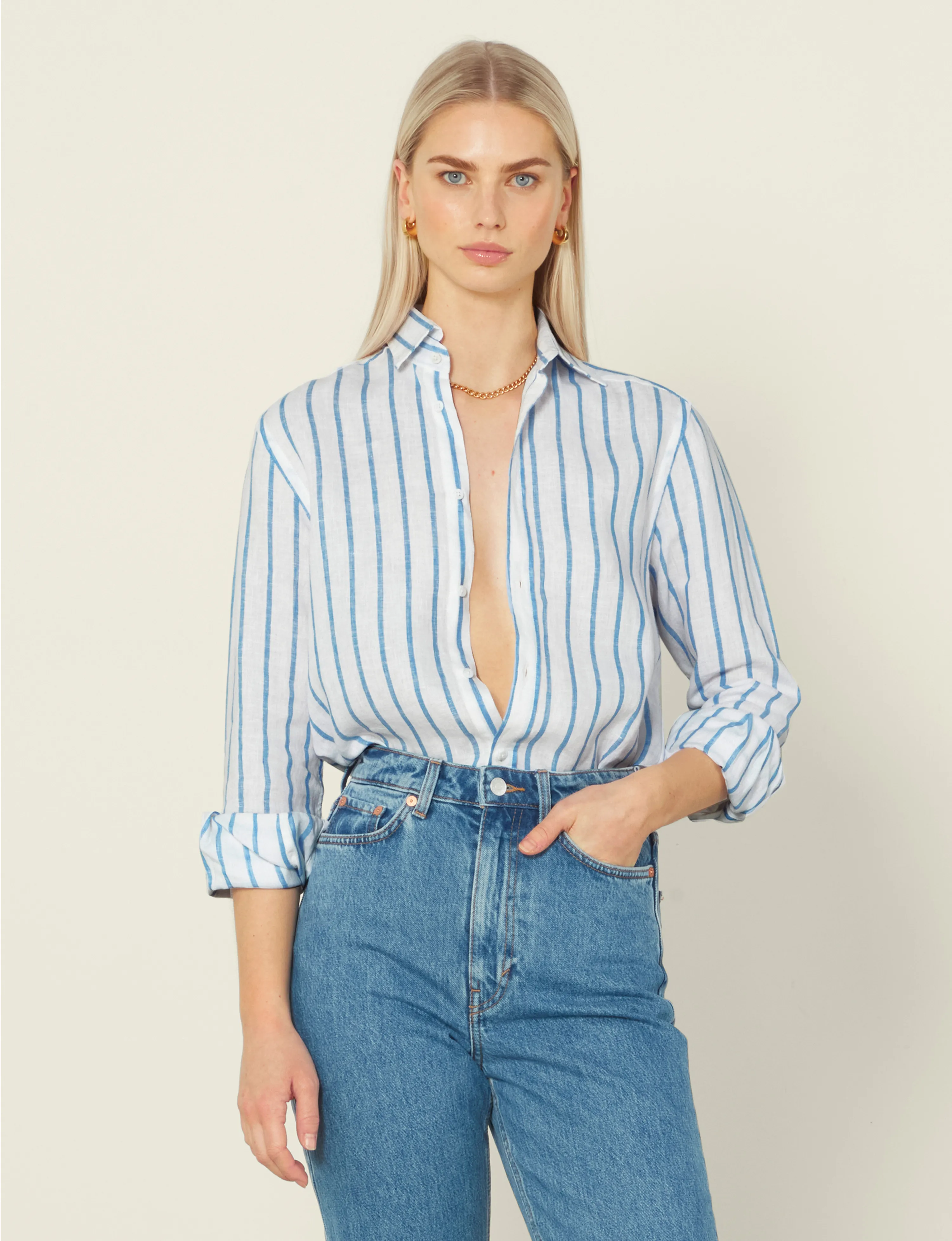 The Boyfriend: Linen, Blue Stripe sold by With Nothing Underneath